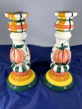 Vicki Carroll RARE Vintage Fall Pumpkin Candlesticks, Set of 2, 1995